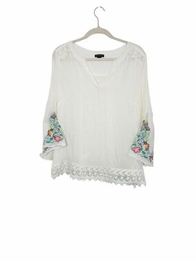Y2K Boho Embroidered White Peasant Top Lace Trim Indie Sleaze Size L Cottagecore